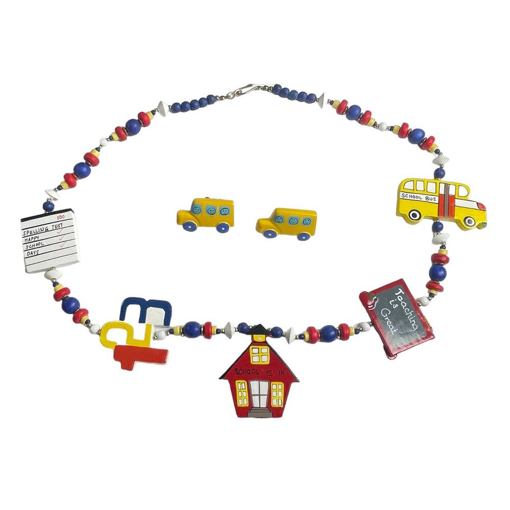Vintage Ceramic Wood Art to Wear Teachers Necklace Bus Earrings Novelty School